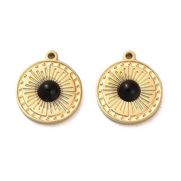 304 Stainless Steel Pave Natural Obsidian Flat Round Charms