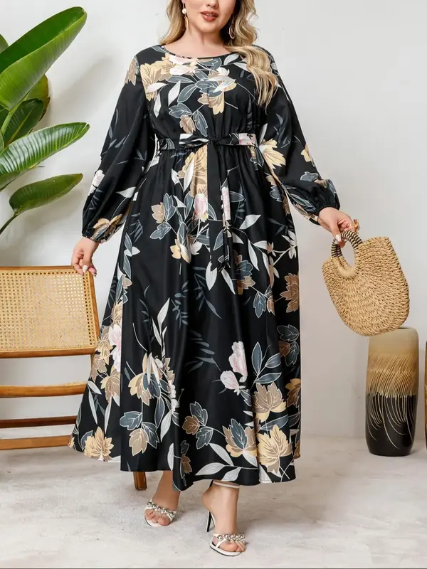 【Plus Size】 Floral Print Belted A Line Dress, Elegant Bishop Sleeve Round Neck Long Sleeve Dress for Spring & Fall, Women...