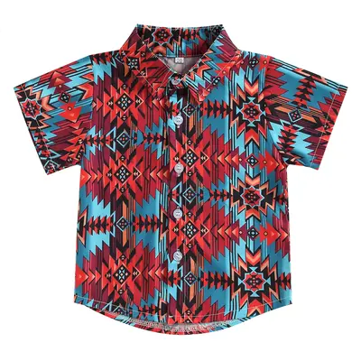 Western Baby Boy Clothes Geometry Button Down Shirt Short Sleeve T-Shirt Tops Casual Summer Clothes 6M-4T
