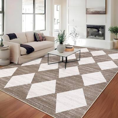 Garvee Plaid Brown 8x10 Washable Checkered Rug - Stain-Resistant, Non-Slip Backing - Premium Faux Wool - Durable Edges, Folda...