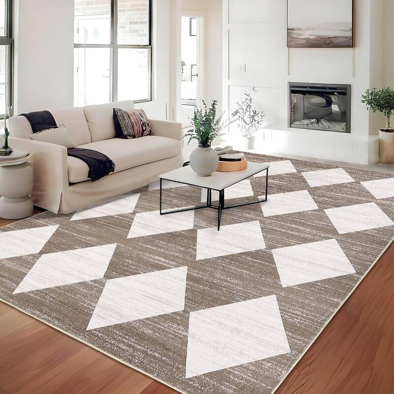 Garvee Plaid Brown 8x10 Washable Checkered Rug - Stain-Resistant, Non-Slip Backing - Premium Faux Wool - Durable Edges, Folda...