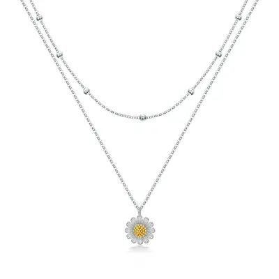 Sterling Silver Two-tone Sunflower Layered Necklace for Women