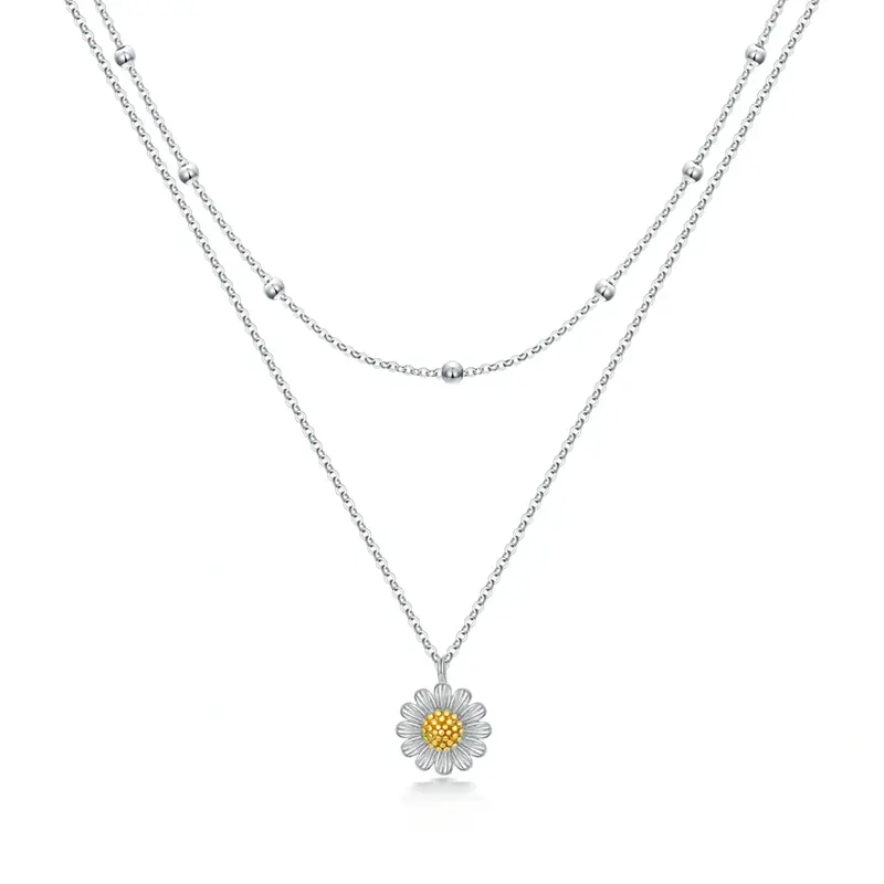 Sterling Silver Two-tone Sunflower Layered Necklace for Women