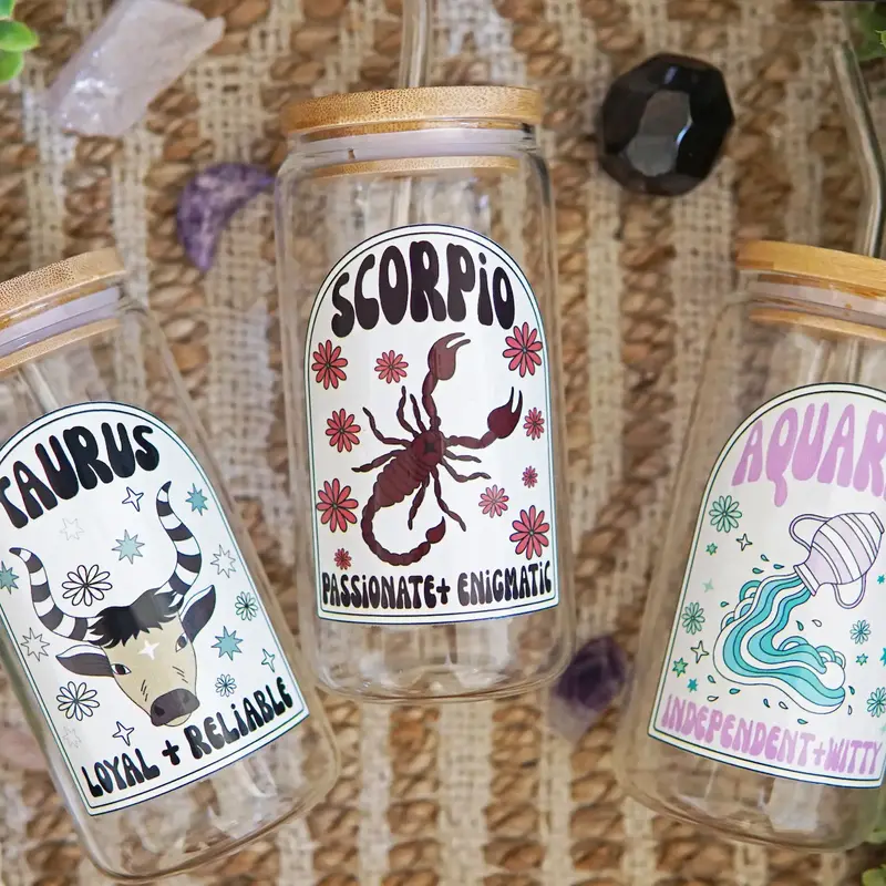 Sip-Sip Hooray! 16oz Zodiac Sign Glass Cup – Aesthetic Drinkware with Lid & Straw, Handmade Bamboo Tumbler, Reusable, Porta...