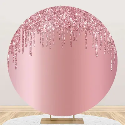 Pink Solid Color Glitters Round Birthday Backdrop