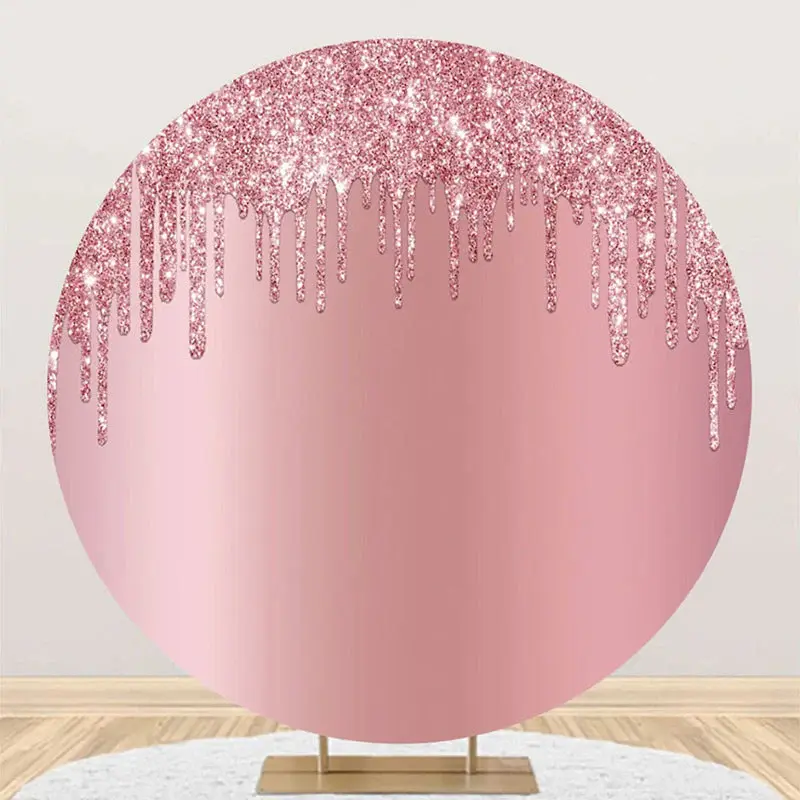 Pink Solid Color Glitters Round Birthday Backdrop