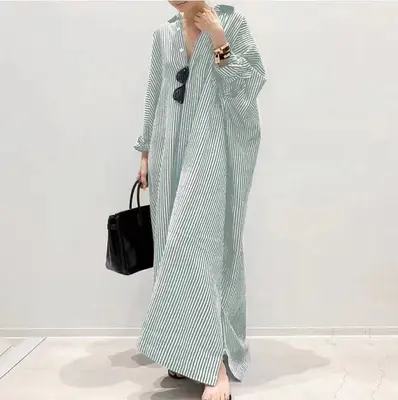 Women's Casual Long Sleeve Button Down Loose Striped Cotton Maxi Shirt Dress