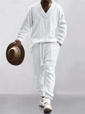Men's Jacquard Drop Shoulder V Neck Top & Drawstring Waist Pants, Casual Fashion Pullover & Pocket Trousers for Daily Wear, T...