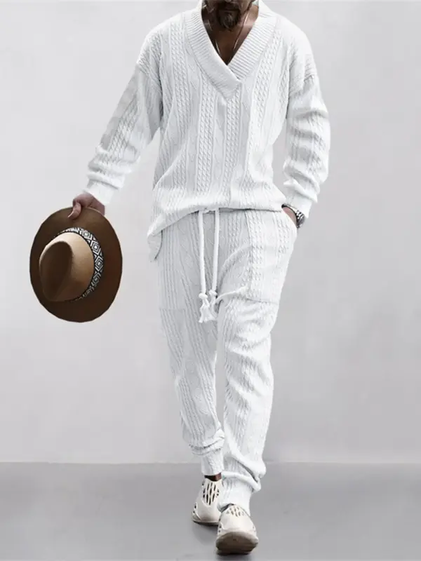 Men's Jacquard Drop Shoulder V Neck Top & Drawstring Waist Pants, Casual Fashion Pullover & Pocket Trousers for Daily Wear, T...