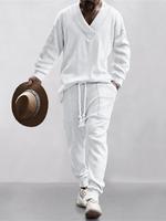 Men's Jacquard Drop Shoulder Longsleeves V Neck Top & Drawstring Waist Pants Set, Casual Fashion Pullover & Pocket Trousers f...