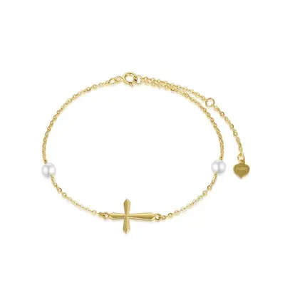 14K Gold Circular Shaped Pearl Cross Charm Bracelet