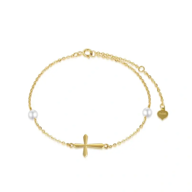 14K Gold Circular Shaped Pearl Cross Charm Bracelet