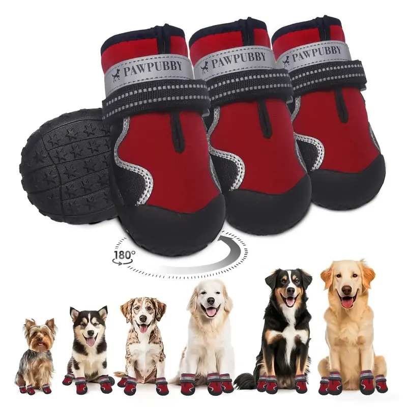 Anti-Slip Dog Boots 4PCS Waterproof Adjustable Secure Fit Plush Snow Shoes for Medium to Large Dogs Ideal for Outdoor Activit...