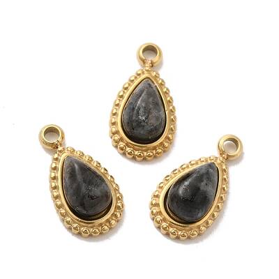 304 Stainless Steel Pave Natural Labradorite Teardrop Charms