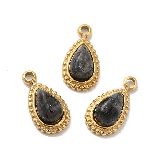 304 Stainless Steel Pave Natural Labradorite Teardrop Charms