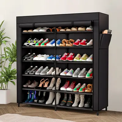 7-Tier Shoe Rack Storage Organizer 42 Pairs Portable Double Row with Dustproof Cover Non-Woven Shoe Storage Cabinet Metal Gar...