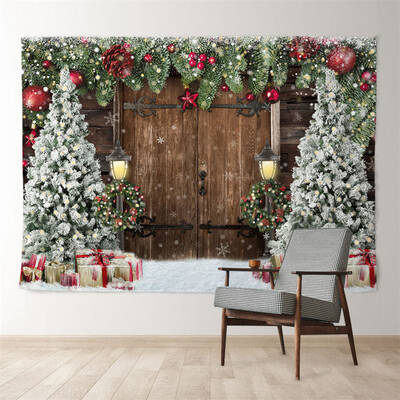 Aperturee Xmas Tree Red Baubles Wood Door Snowy Backdrop