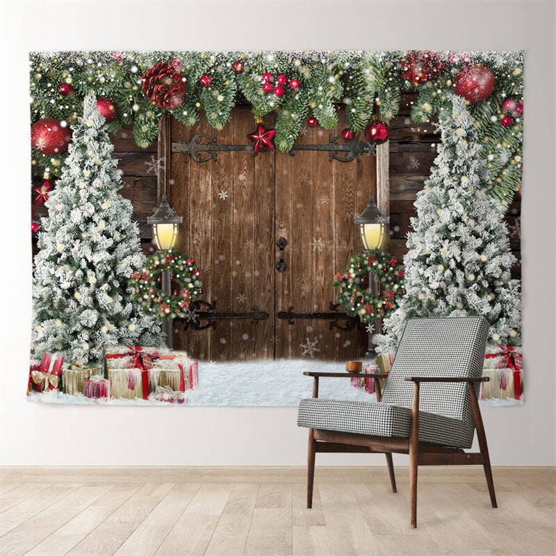 Aperturee Xmas Tree Red Baubles Wood Door Snowy Backdrop