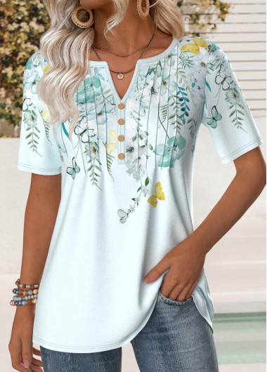 Modlily Mint Green Tuck Stitch Floral Print T Shirt - XXL
