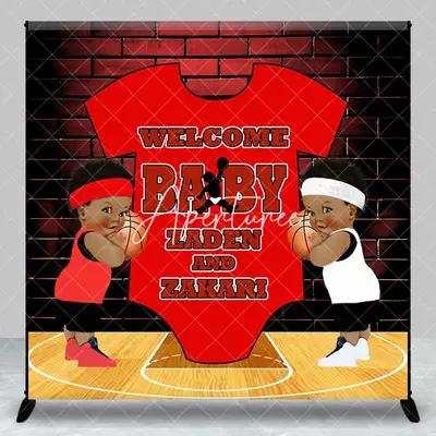 Aperturee Bricks Basketball Custom Twins Baby Shower Backdrop, 3X3FT(1X1M), 15 USD, custom baby shower backdrops, DZZH0C274-O