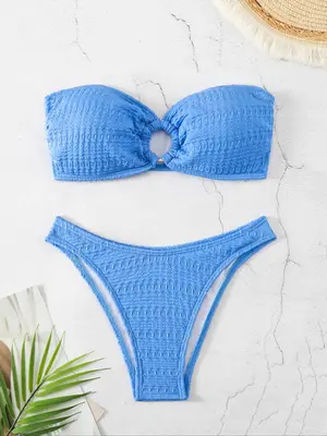 Two-Piece Set Women's Plain Textured Cut Out Ring Linked Bandeau Bra & High Cut Swim Bottom Frankies Bikini Set, Bathing Su...