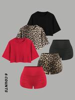 Women's Plain/leopard Print Top & Shorts Set, Casual Round Neck Top & Skinny Shorts for Daily Wear,  Outfit Sets for Women, L...