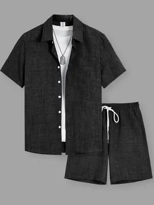 Men's Solid Short Sleeve Shirt & Shorts Loungewear Two-piece Set, Casual Comfy Top & Shorts PJ Set, Men's Sleepwear for Summe...