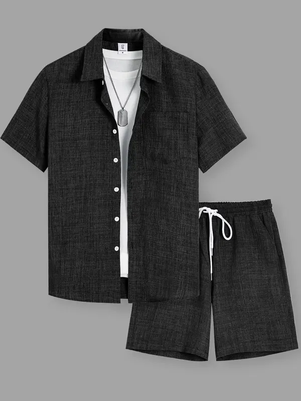 Men's Solid Short Sleeve Shirt & Shorts Loungewear Two-piece Set, Casual Comfy Top & Shorts PJ Set, Men's Sleepwear for Summe...