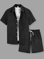Men's Solid Shortsleeve Shirt & Shorts Loungewear Two-piece Set, Casual Comfy Cozy Top & Shorts Pj Set, Men's Sleepwear for S...