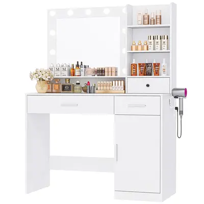 Vanity Desk with Adjustable Lighten Mirror & Power Outlet, Makeup Desk for Bedroom with a Storage Stool and 3 Drawers, 6 Stor...