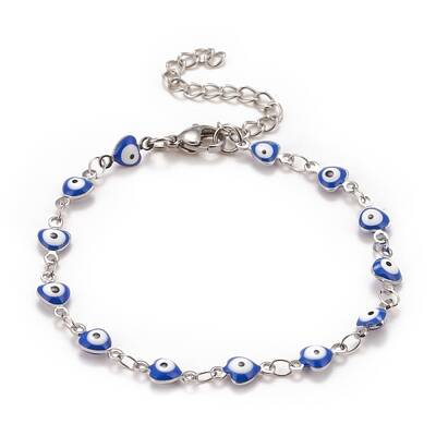 Enamel Heart with Evil Eye Link Chains Bracelet