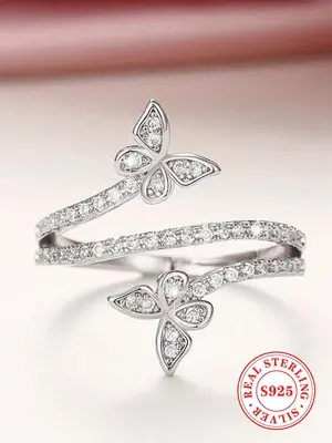 925 Sterling Silver Fashion Rhinestone Decorated Tiered Layered Ring, Fashion Butterfly Design Jewelry for Party, Daily Decor...