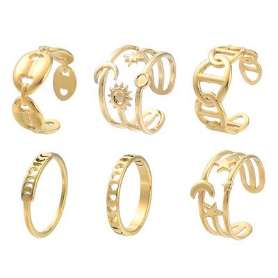 6Pcs 6 Style Star & Moon & Coffee Bean 304 Stainless Steel Finger Ring Sets for Women
