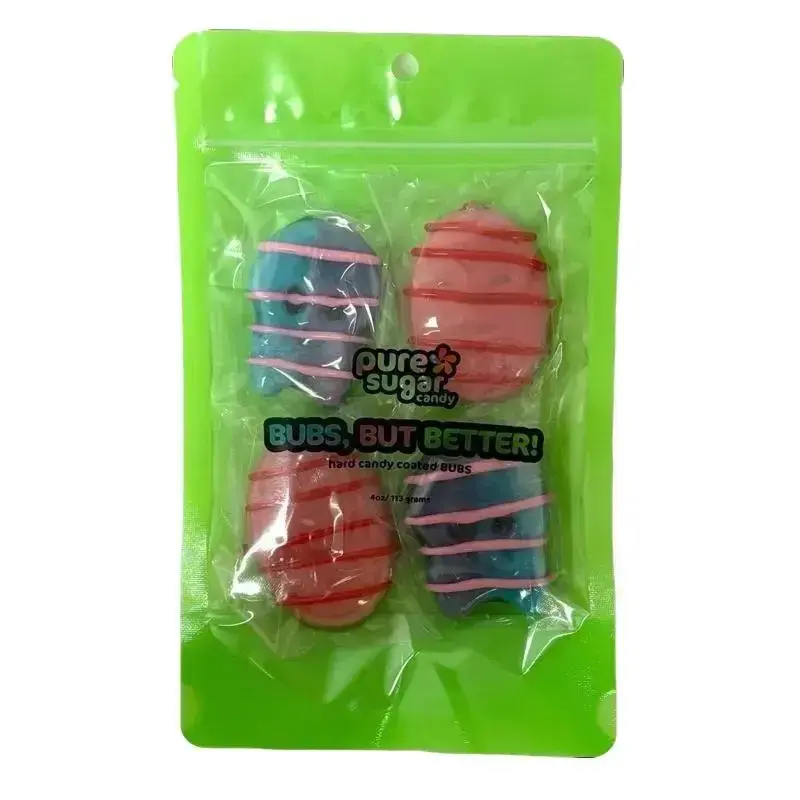 BUBS, BUT BETTER! HARD CANDY COATED BUBS - DIZZY SKULL W/ BLUE RASPBERRY COATING, STRAWBERRY/POMEGRANATE OVAL WITH STRAWBERRY...