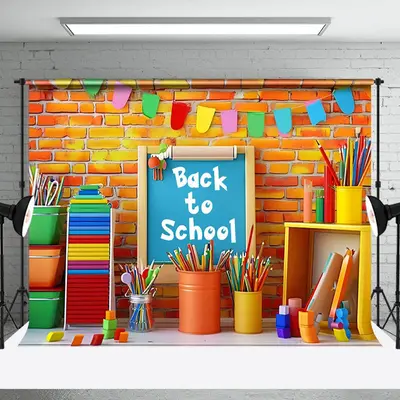 Colorful Stationery Brick Wall Back To School Backdrop - Aperturee