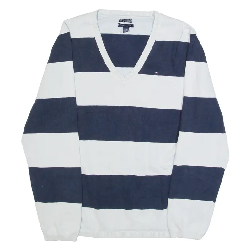 TOMMY HILFIGER Mens Jumper Blue Striped V-Neck Tight Knit XL