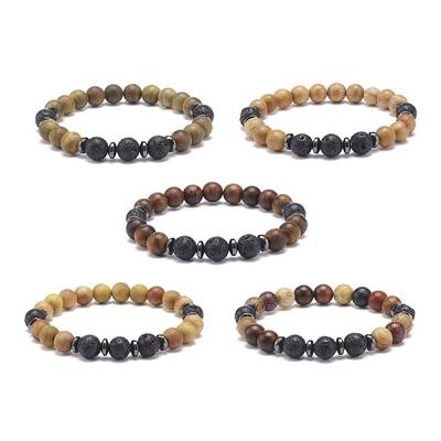 Natural Lava Rock & Wood Beaded Stretch Bracelet