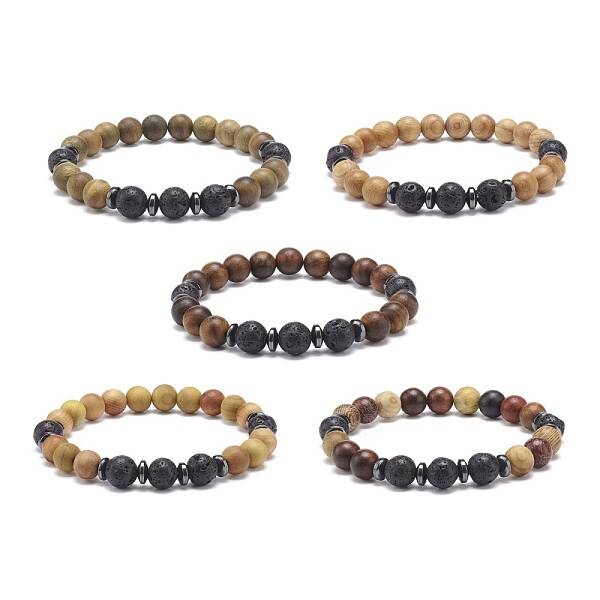 Natural Lava Rock & Wood Beaded Stretch Bracelet
