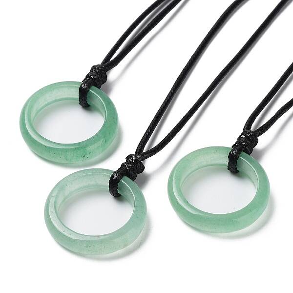 Natural Green Aventurine Ring Pendant Necklace with Waxed Cords