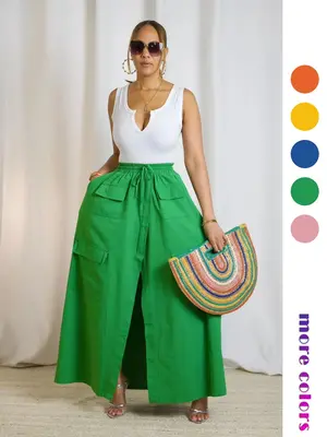Women's Plain Drawstring High Waist Skirt, Casual Boho Pocket Wrap Skirt for Summer, Ladies Bottoms for Beach Holiday Vacati...