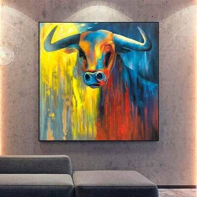 Multicolored impressionist bull painting on canvas: abstract original buffalo painting in red, blue, yellow animal wall art |...