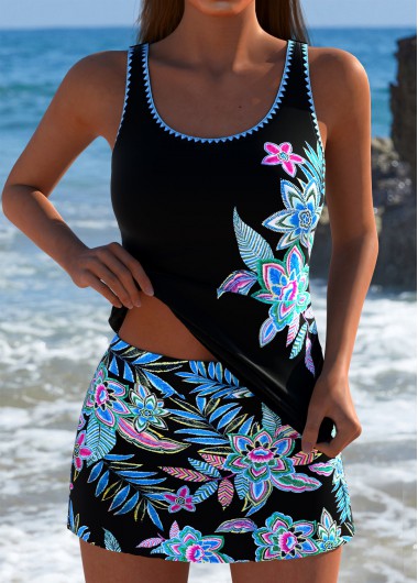 Modlily Mid Waisted Random Floral Print Black Tankini Set - L