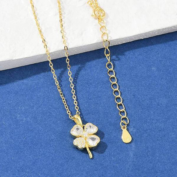 925 Sterling Silver Pave Clear Cubic Zirconia Clover Pendant Necklaces for Women