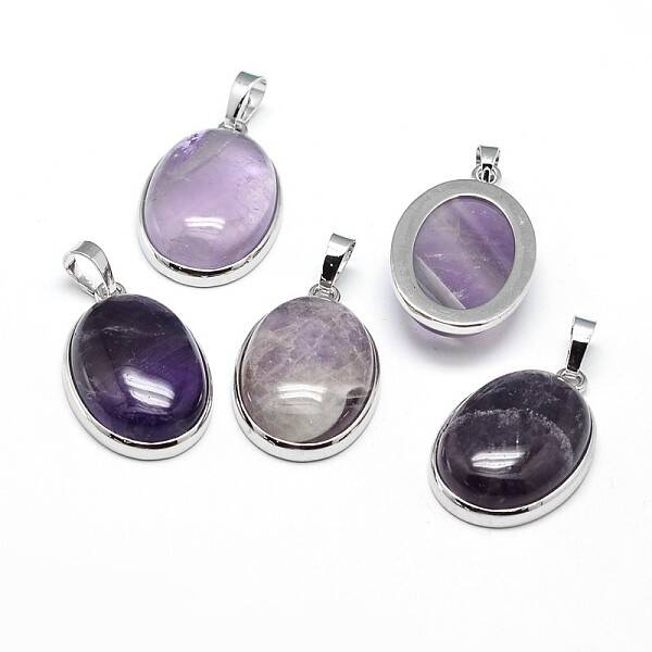 Oval Platinum Plated Brass Natural Amethyst Pendants