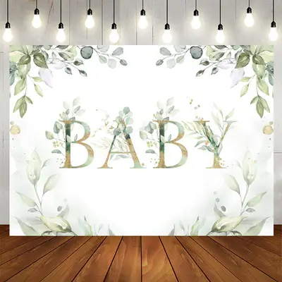 Aperturee Elegant Light Green Plant and Gold Baby Shower Backdrop