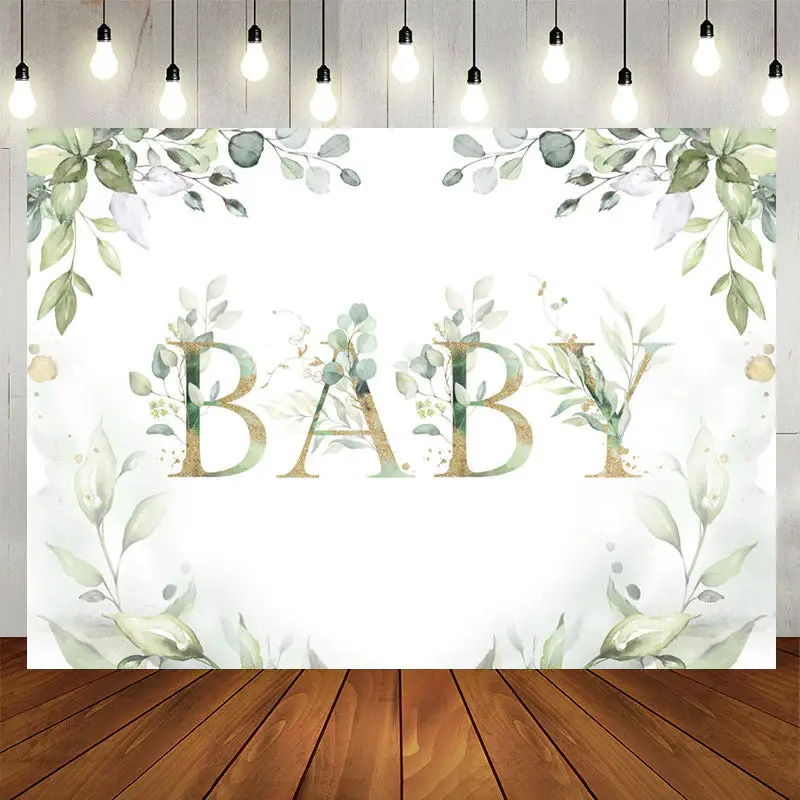 Aperturee Elegant Light Green Plant and Gold Baby Shower Backdrop