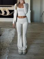 Women's Solid Color Square Neck Crop Tee & Flare Leg Pants Two-piece Set, Casual Fashion Cozy Slim Two Piece Outfits for Dail...