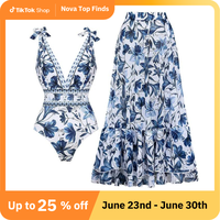 FLAXMAKER Women's V Neck Blue Print One-Piece Swimsuit and Matching Cover Skirt Set Summer Swimdress cozyvibes