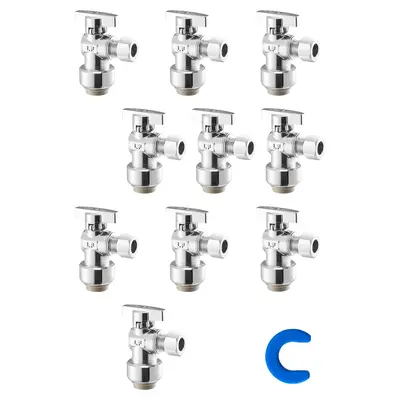 VEVOR 10 Pack Angle Stop Valve, Push-to-Connect Water Shut Off Valve 1/2 PTC x 3/8 OD Compression, 1/4 Turn Chrome Plated...