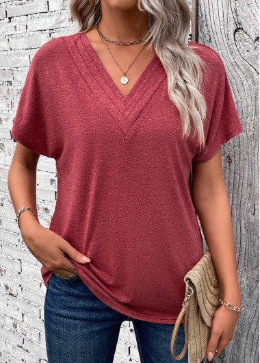 Modlily Brick Red Patchwork Short Sleeve V Neck T Shirt - M